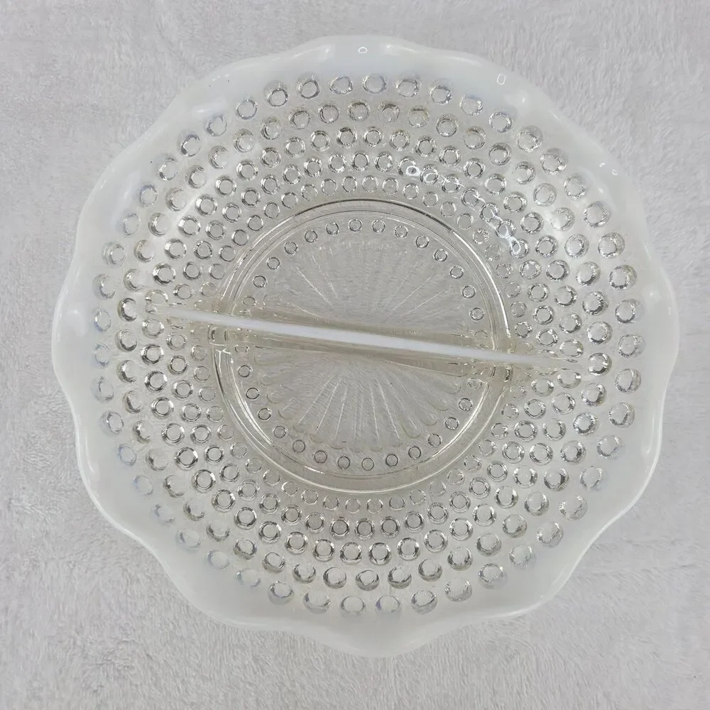 Vintage Anchor Hocking Moonstone Opalescent Hobnail Glass Divided Relish Dish